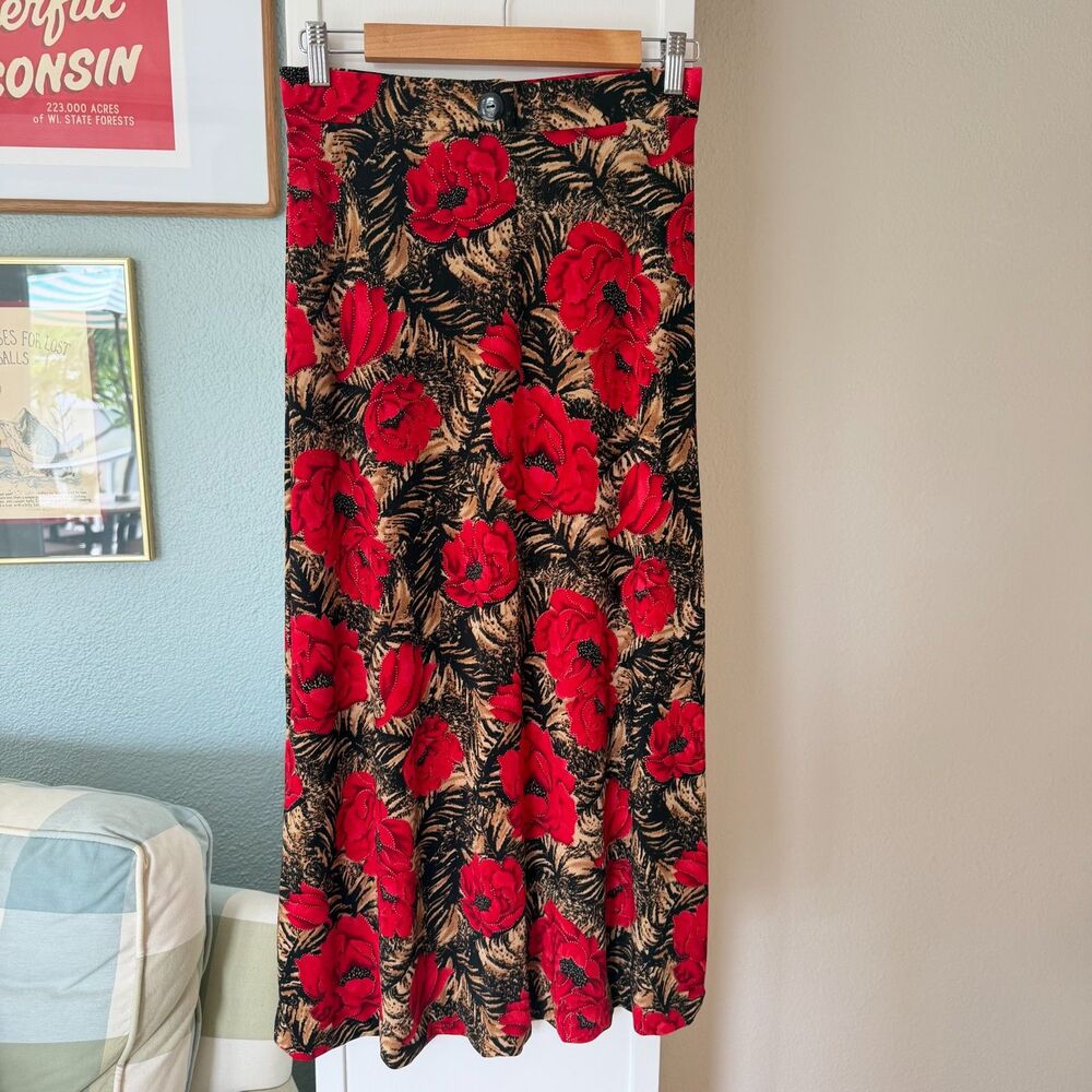 Vintage Y2K Tapemeasure Rose Tiger Print Maxi Skirt Elastic Waist - M
